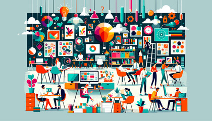 Image concept of an innovative workspace for creative professionals. Vector illustration.