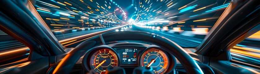 The thrill of high-speed racing captured through a speedometer against a motion-blurred racetrack, - obrazy, fototapety, plakaty