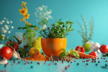 A bowl of vegetables and herbs sits on a table with a blue background