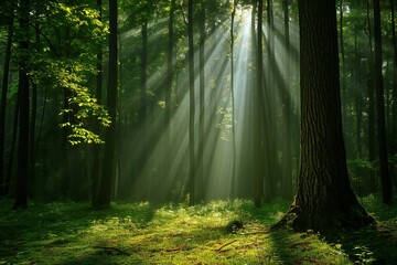 Morning in the forest with sunbeams passing through tree trunks - obrazy, fototapety, plakaty