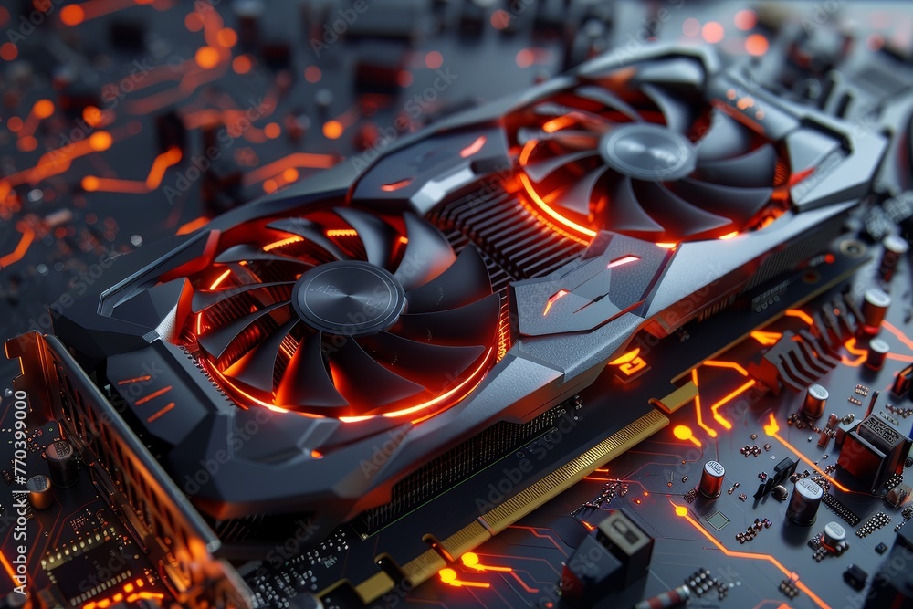 Poster a black computer graphics card with red fans is on a table