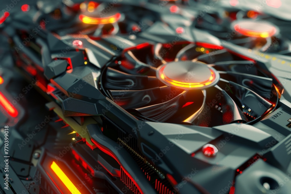 Poster a black computer graphics card with red fans is on a table
