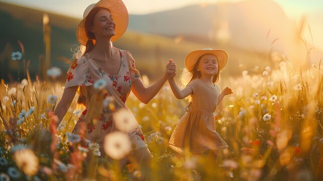 Mother and daughter dressing up holding hand in the meadow, loving photographs, for Mother’s Day illustration 