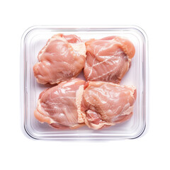 Raw chicken thigh in plastic container isolated on transparent background 