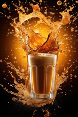 Milk tea splashing out from a drinking glass on the background. Studio shot.