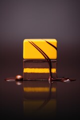 a piece of chocolate cake on dark background.