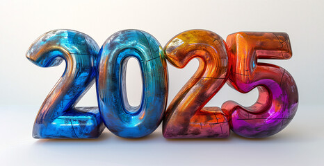 2025 colorful glass 3d numbers on a white background. New Year