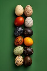 Various texture and colour birds X on green background. Overhead view.