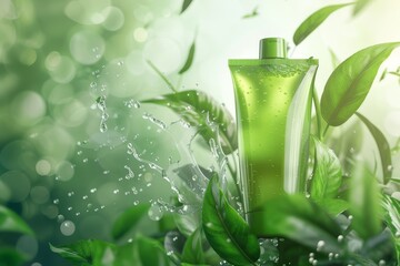 A bottle of green liquid is on a green background with water droplets