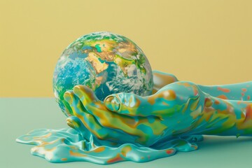 A white and blue globe is being held by two hands
