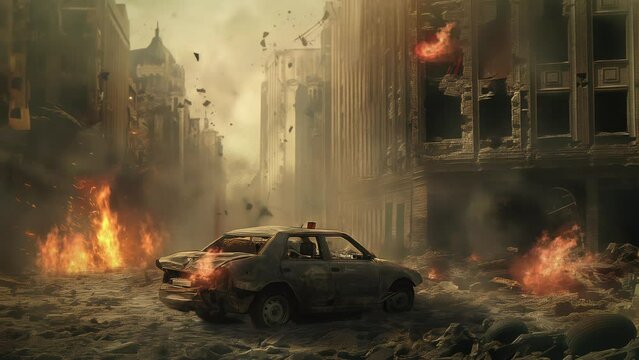 War destroyed buildings, damaged car, explotion marks, several injured people, explotions, fire, soldiers, and casualties seamless animation looping video 4K