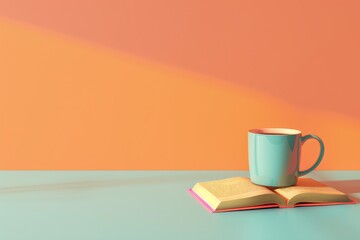 A coffee mug sits on a table next to an open book