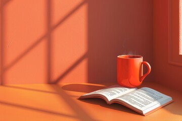 Fototapeta premium A coffee mug sits on a table next to an open book
