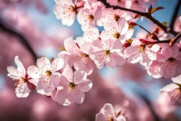A macro shot of the graceful pink cherry blossoms, their intricate beauty standing out against the soft, defocused surroundings.