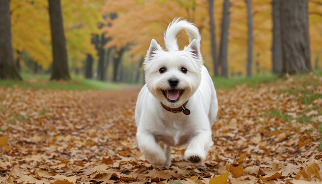 West Highland white terrier dog running happily through the forest or a park surrounded by brown leaves in autumn colorful background