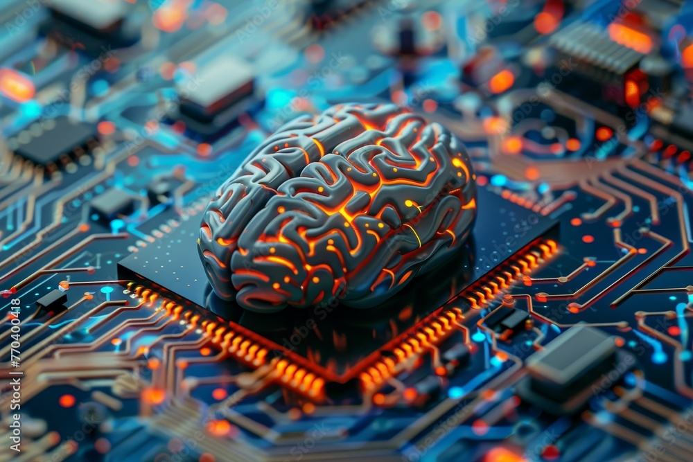 Poster a computer chip with a brain on it