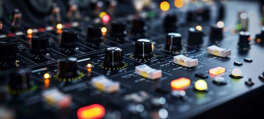 Close-up of a modern audio mixer with various knobs, sliders, and illuminated buttons. The complex control panel of sound engineering equipment, showcasing the intricacies of audio production. - obrazy, fototapety, plakaty