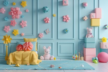 A colorful room with a pink and yellow bed, a pink and yellow box, and a pink