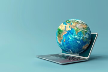 A laptop computer with a globe on the screen - obrazy, fototapety, plakaty