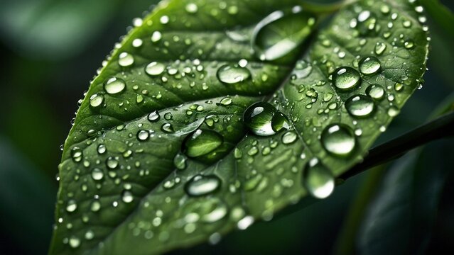Green wet leaf covered in fresh rain dew water drops macro close-up illustration. Realistic detailed nature eco background wallpaper header design concept with blur bokeh effect.