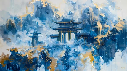Foto auf Glas Chinese style architectural meticulous painting landscape abstract poster background © jinzhen