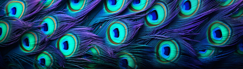 Macro texture of vibrant peacock feathers with iridescent eyespots.