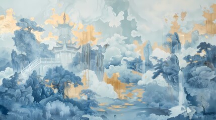 Chinese style architectural meticulous painting landscape abstract poster background