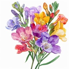 beautiful freesia clipart with fragrant blooms in various colors,watercolor illustration, white background