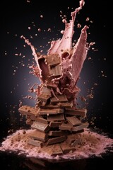 Chocolate stack on plain coloured background.