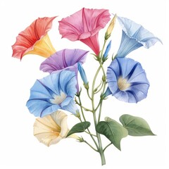 beautiful morning glory clipart with trumpetshaped flowers in various colors,watercolor illustration, white background