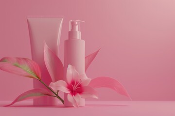 Obraz na płótnie Canvas A close up of a pink flower arrangement with a bottle of perfume