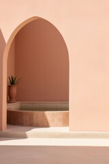 Building exterior with arch.