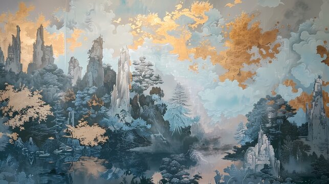 Chinese style architectural meticulous painting landscape abstract poster background