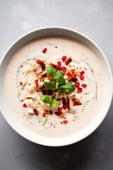 A bowl of clam chowder on plain background. Close-up view.