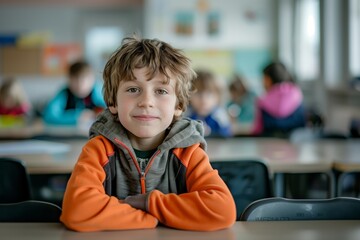Smiling child is depicted sitting at a desk in a classroom, kindergarten or preschool setting. Other boys and girls blurred in the background. Cheerful learning environment of childhood education.