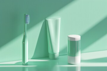 A toothbrush, toothpaste, and mouthwash are displayed on a green surface - obrazy, fototapety, plakaty