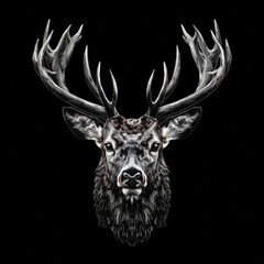 Majestic regal deer head on a black background. Decorative illustration - obrazy, fototapety, plakaty