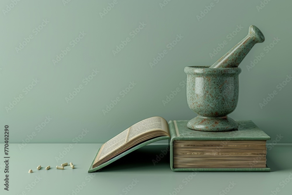 Poster a book is open on a table with a mortar and pestle next to it