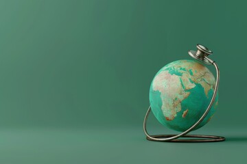 A globe and stethoscope are placed on a table