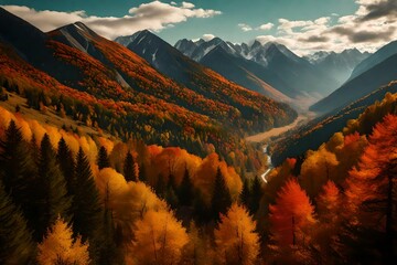 A sweeping view of a valley nestled between two majestic mountains, with a carpet of colorful...