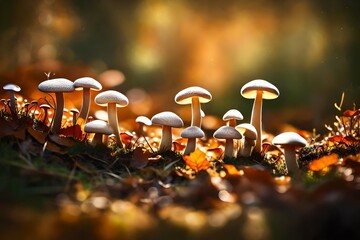 A picturesque scene of small, vibrant mushrooms flourishing amidst the lush grass of an autumn forest, captured in high-definition detail. - obrazy, fototapety, plakaty