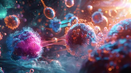 Visualizing Immunotherapy Harnessing the bodys immune system to fight cancer cells Picture immune cells attacking cancerous cells in a dynamic and colorful representation - obrazy, fototapety, plakaty
