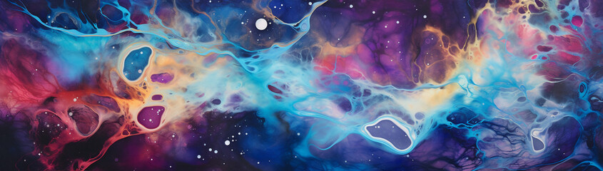 Fototapeta na wymiar Oil spill hues coalescing into a cosmic nebula pattern on water.
