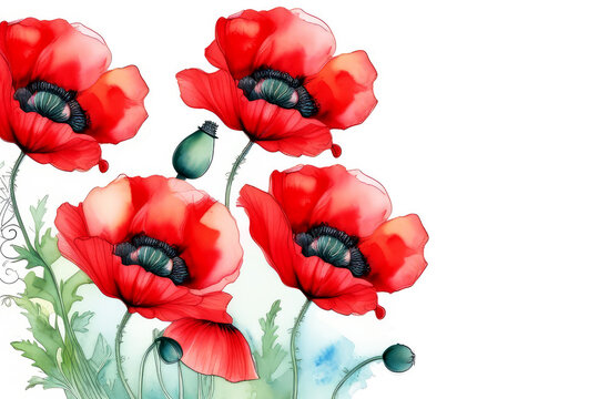 Watercolor frame made of red Poppies with free space for text, card,border