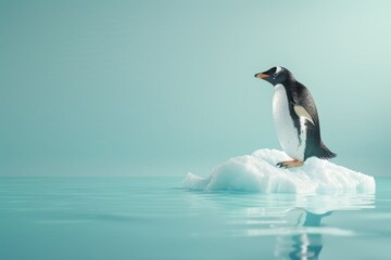 A penguin is standing on a block of ice in the ocean - obrazy, fototapety, plakaty