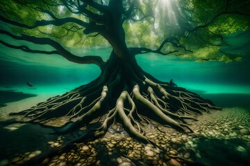 A majestic tree with a massive root system submerged in the crystal-clear waters of a serene lake.