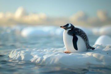 A penguin is standing on a block of ice in the ocean