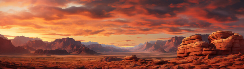 Fototapeta premium Red sandstone rock formations with layers visible at sunset.