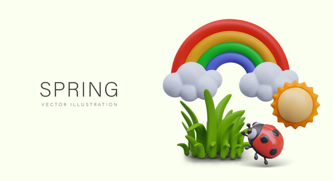 Cute spring concept in children style. Rainbow, clouds, ladybug, green grass, sun