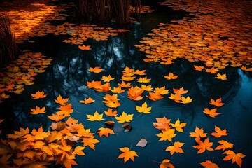 Nature's artwork in Autumn - a mesmerizing composition of vivid, sunlit yellow-orange maple leaves drifting elegantly on the calm waters of a mysterious, dark blue pond.